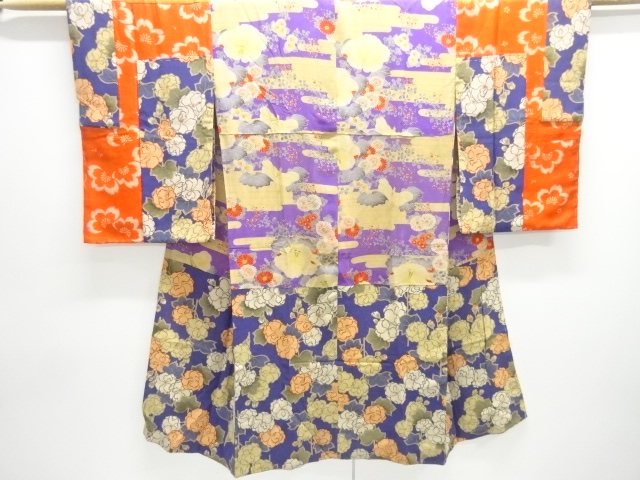 JAPANESE KIMONO / ANTIQUE JUBAN / SILK / EDO CHIRIMEN / KIKU & FLOWER
